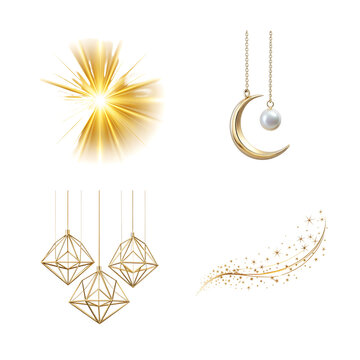 Collection of sparkling starbursts crescent moons and lanterns isolated on transparent background