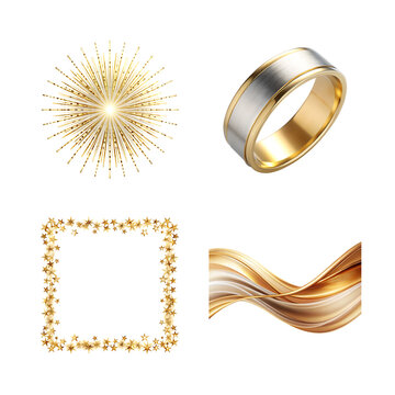 Golden elements including starburst ring frame and waves isolated on transparent background