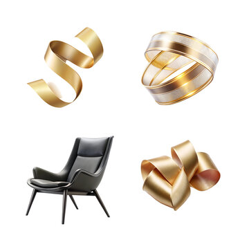 Collection of modern design elements including chair ribbons and abstract shapes isolated on transparent background