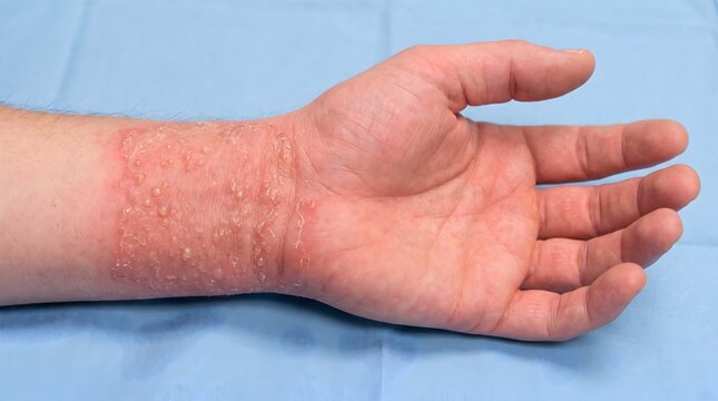 Allergic contact dermatitis rash with blisters on human wrist