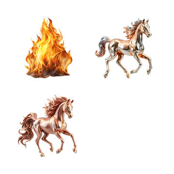Fiery horse and flame elements for fantasy designs isolated on transparent background