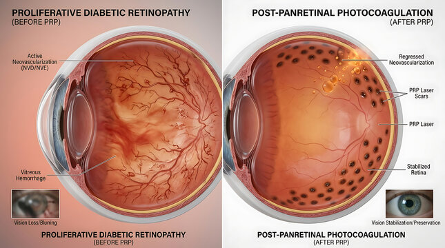 Proliferative Diabetic Retinopathy Before vs After PRP: Neovascularization vs Regressed Retina