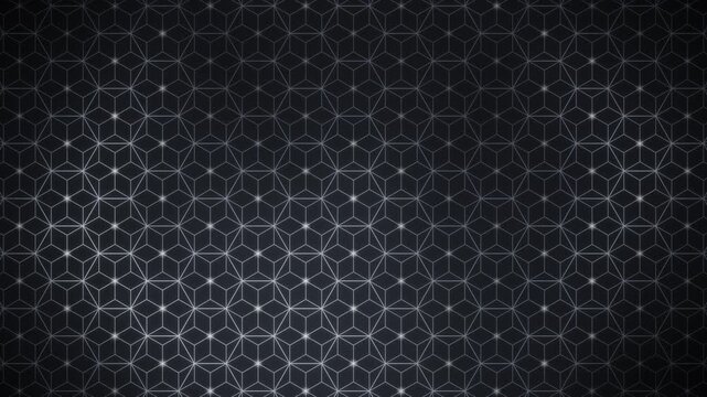 Elegant Japanese Asanoha hemp leaf pattern, gold geometric lattice of fine lines with a soft glow travelling through the six pointed star grid, traditional wagara motion in soft charcoal tones