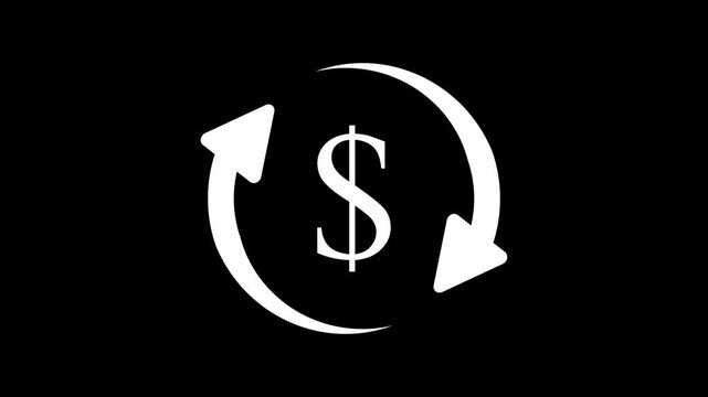 Animated white dollar symbol with rotating arrows on black background, currency exchange transfer sign, cash back money refund financial status UI UX motion graphic design video element.
