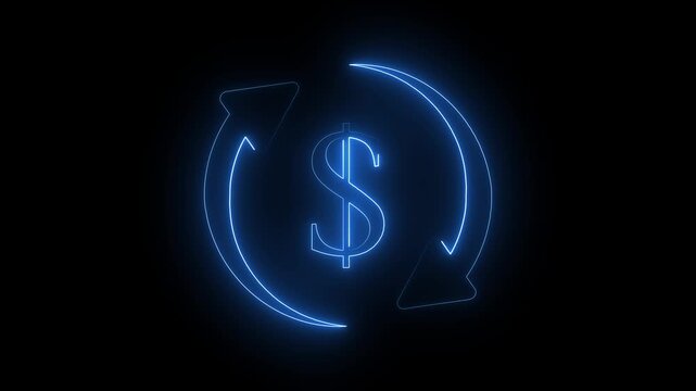 Glowing blue neon dollar symbol with rotating arrows on black background, futuristic currency exchange transfer sign, electric cash back refund finance UI UX motion graphic video effect.