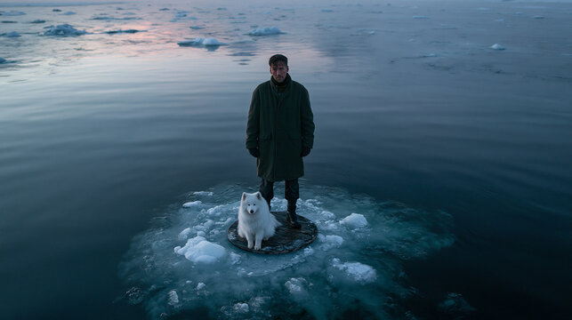 Man and Dog Stranded on Ice Floe in Arctic