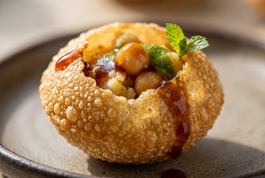 Pani puri with chickpeas and dripping tamarind chutney, crispy Indian street food chaat on ceramic plate
