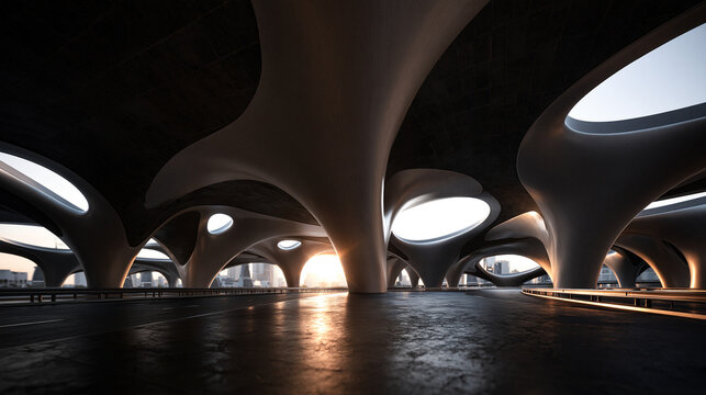 Futuristic Modern Architecture with Organic Curved Columns and Skylights
