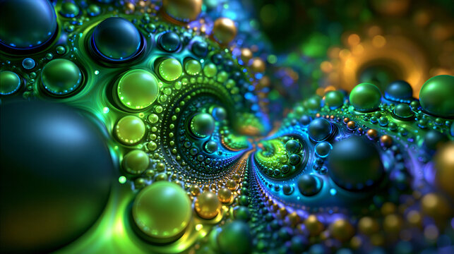 Colorful Abstract Fractal Background with Swirling Metallic Spheres
