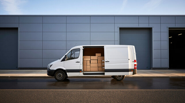 White Delivery Van Loaded with Boxes Outside Warehouse