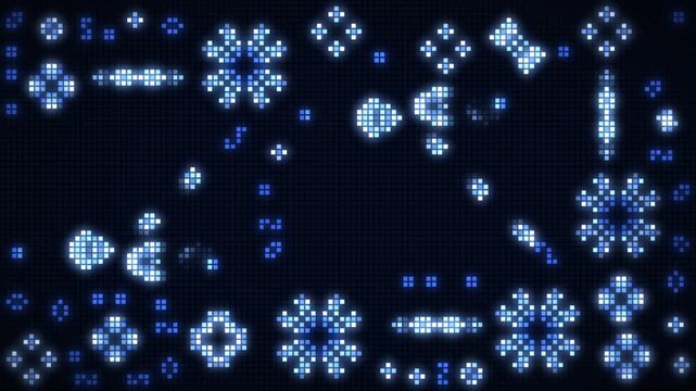 Cellular automaton pixel grid with Game of Life gliders and blinking oscillators, seamless loop in cool azure tones