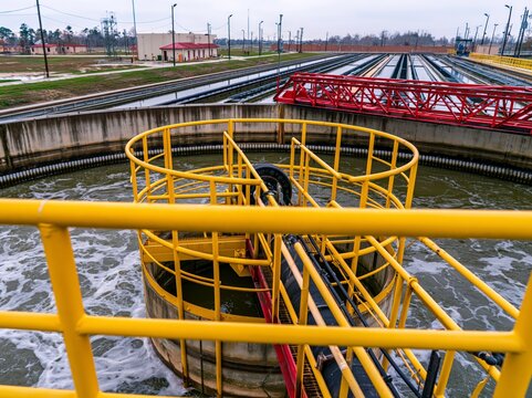 Center drive cage and influent well in a wastewater clarifier viewed from walkway with deep focus