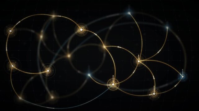 Global currency flow network with glowing value streams arcing between financial hubs seamless loop in bright navy tones