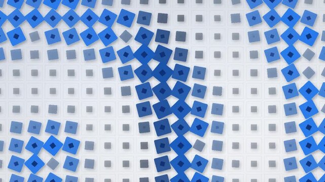 Square grid tiles rotating and scaling in staggered eased waves motion graphics background seamless loop in bright white tones