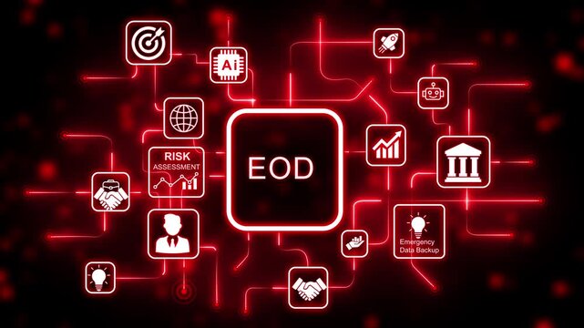 EOD, business concept. Modern business technology interface with gears and digital network icons. 4k animation video