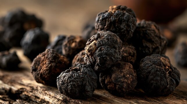 Raw wild black maca roots on rustic wooden board with rough texture and earthy tones