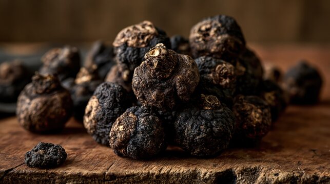 Raw wild black maca roots scattered on rustic wooden board for superfood idea