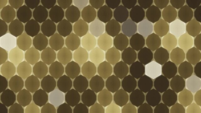 Glowing hexagonal tech grid pulsing honeycomb energy cells seamless loop in cool gold tones