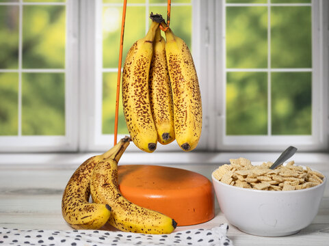 Photo of ripened to bunches of bananas and bowl of cereal  infront of a kitchen window