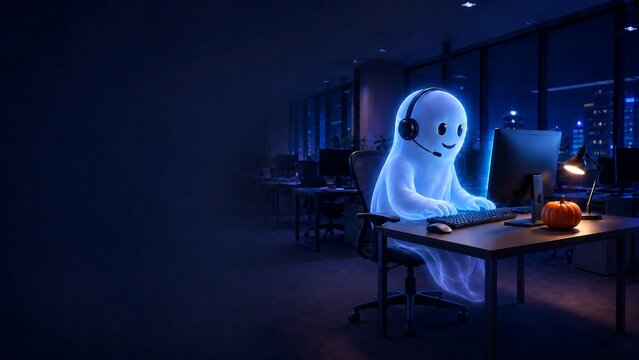 Friendly ghost customer support agent working night shift during Halloween in modern office