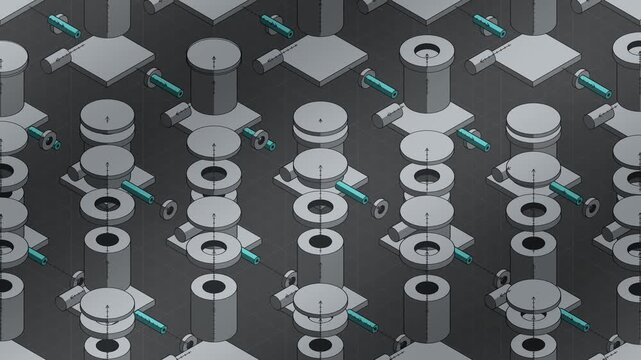 Isometric Exploded View of Machine Parts Separating and Reassembling, Flat Three Tone Seamless Loop in calm charcoal tones