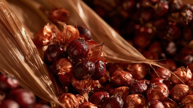 Close-up view of dark burgundy and copper-brown sorghum grains emerging from their glossy glumes with warm side lighting
