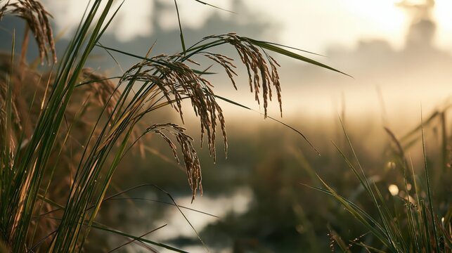 Wild rice stalks bend over a misty flooded paddy field at dawn with soft backlight and natural earthy tones