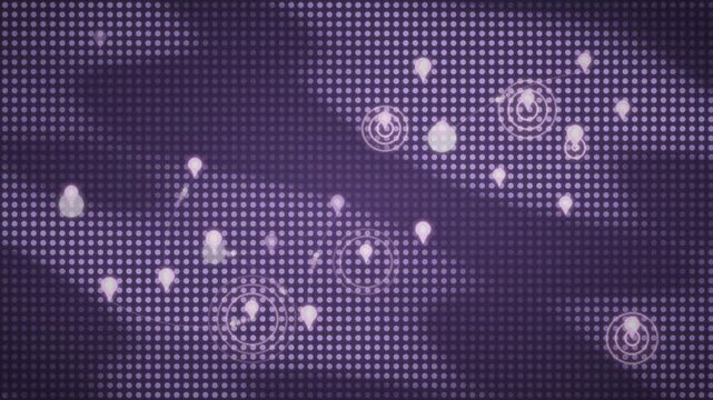 Abstract Dotted World Map with Dropping Location Pins and Pulsing Radar Rings, Global Network Business Background, seamless loop in deep indigo tones