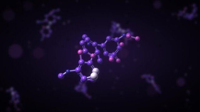 Rotating 3D molecule ball and stick model chemistry and pharmaceutical science background seamless loop in subtle violet tones