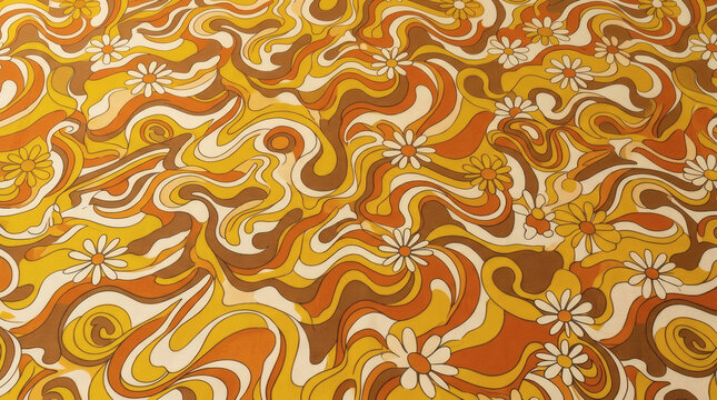 Colorful retro psychedelic pattern design with swirling shapes and flowers