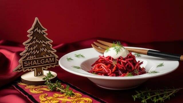 Gourmet Shalgam beet and carrot salad with sour cream, elegant traditional presentation with deep red copy space