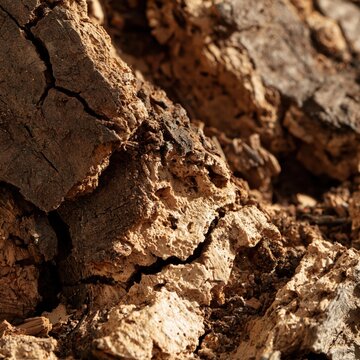 Extreme macro texture shot of harvested cork oak bark with deep spongy fissures in natural earthy tones