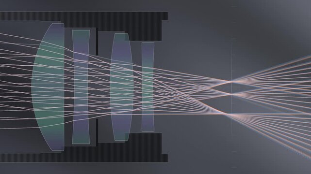 Optical Lens Ray Trace Cross Section, Spherical and Chromatic Aberration Caustic, Seamless Loop in deep graphite tones