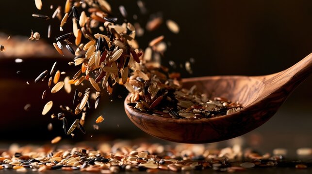 Organic brown and wild rice grains fall from a rustic carved spoon in mid-air against a dark background