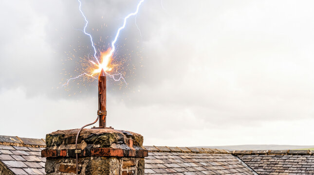 Lightning striking metal lightning rod on rooftop, illuminating cloudy sky. Thunderous lightning hitting chimney rod creates dramatic scene, showcasing energy and power of nature.