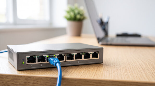 Network switch with eight ports and blue Ethernet cable connected on wooden desk beside laptop. Network switch enhances connectivity for home office and business setups.
