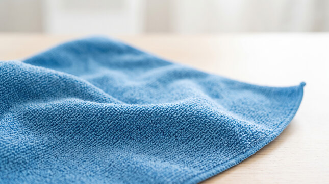 Closeup of soft blue microfiber cloth on wooden surface showcasing texture and detail. Microfiber cloth is ideal for cleaning surfaces effectively without lint or scratches.