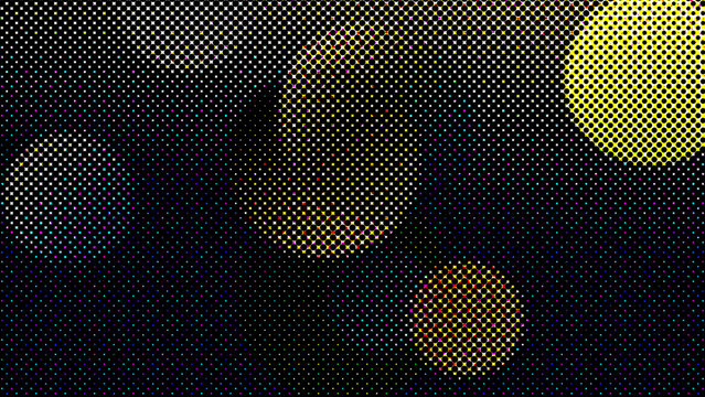Halftone glass texture abstract background with colorful glowing bokeh circles and halftone dot pattern