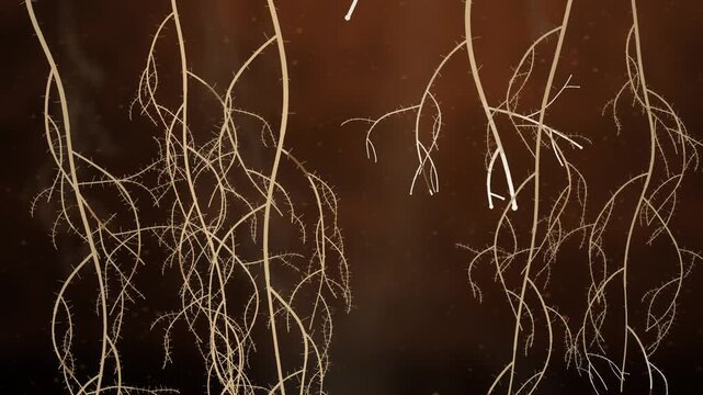 Plant roots branching and spreading downward through dark soil underground seamless loop in subtle clay tones