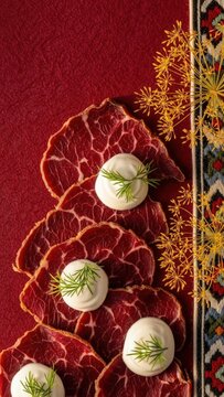 Gourmet Chuchuk air-dried beef slices with yogurt gel, minimalist presentation with deep red copy space