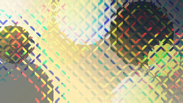 Frosted glass texture abstract geometric background with colorful circular shapes and a repeating diamond grid pattern