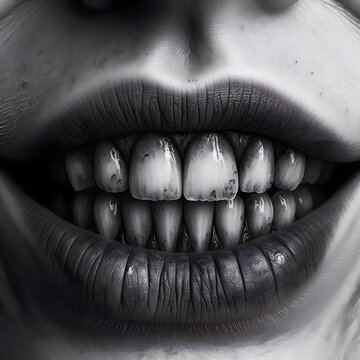 Closeup of a woman mouth wearing black lipstick on lips and detailed texture of the lips and worn enamel.
