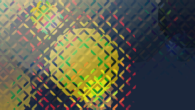 Frosted glass texture abstract geometric pattern with glowing yellow spheres and intersecting lines, modern digital art background with colorful light effects and 3d grid structure