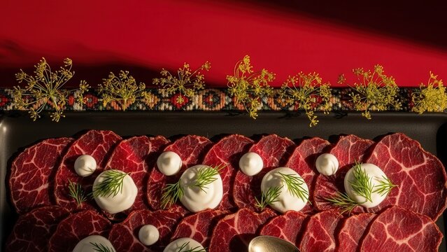 Gourmet Chuchuk air-dried beef slices with yogurt gel, minimalist presentation with deep red copy space