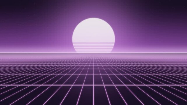 Retro 80s Synthwave Neon Grid and Sunset Horizon Seamless Loop in bright violet tones