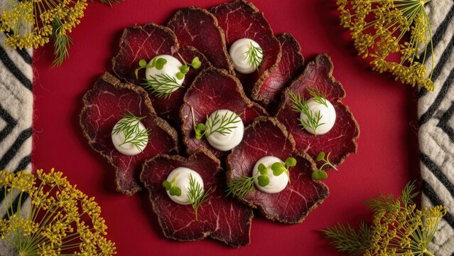 Gourmet Chuchuk air-dried beef slices with yogurt gel, minimalist presentation with deep red copy space