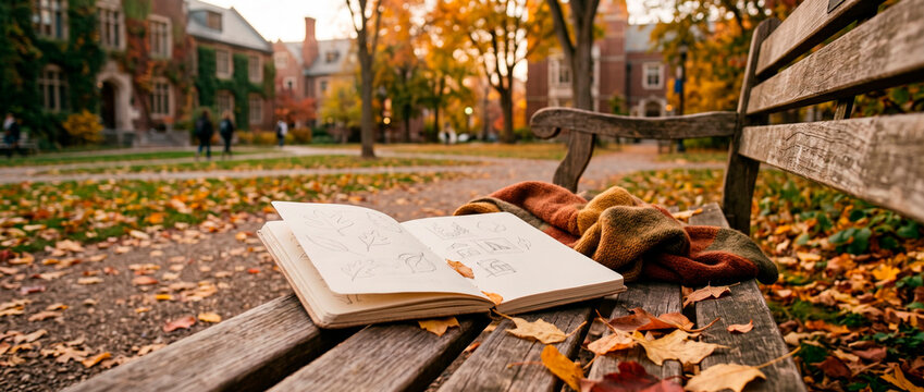 Open sketchbook with drawings on wooden bench in college campus park during autumn. Student notebook for drawing and study session in fall season. Academic education and creative art.