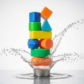 A high-speed water splash impacts a stack of geometric soap bars and a candle base, creating a dynamic spray against a clean white backdrop, photography, dynamic, still life