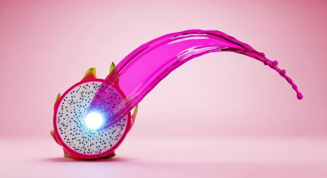 A halved dragon fruit features a glowing neon blue core while vibrant magenta liquid splashes out against a clean light pink backdrop, neon, still life, bright