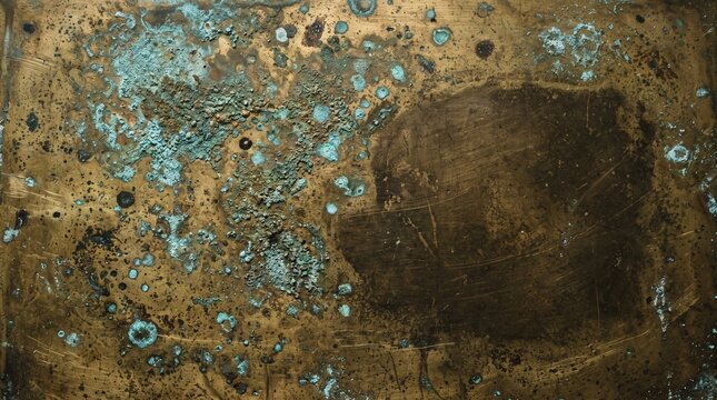 Close up of aged brass metal surface with verdigris patina and scratches showing texture and corrosion